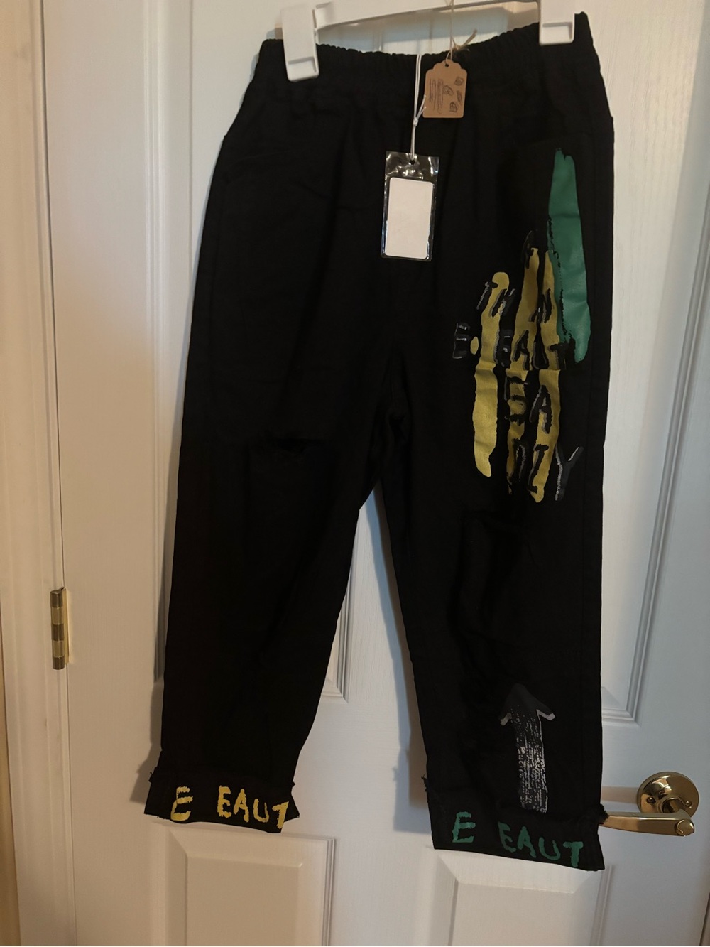 Black Graphic  Pants with Green and Yellow Accents